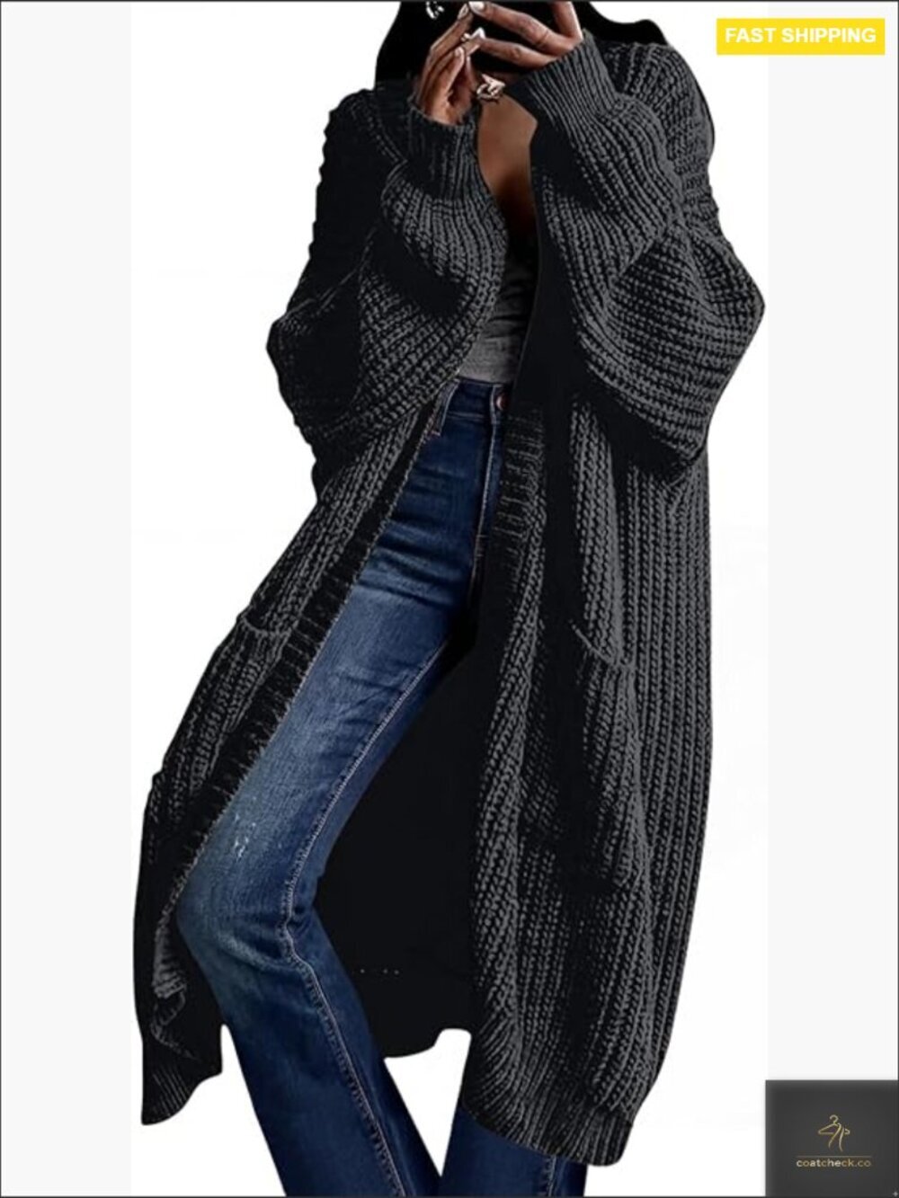 Oversized Open Front Duster Cardigan with Pockets Long Sleeve V-Neck Knit